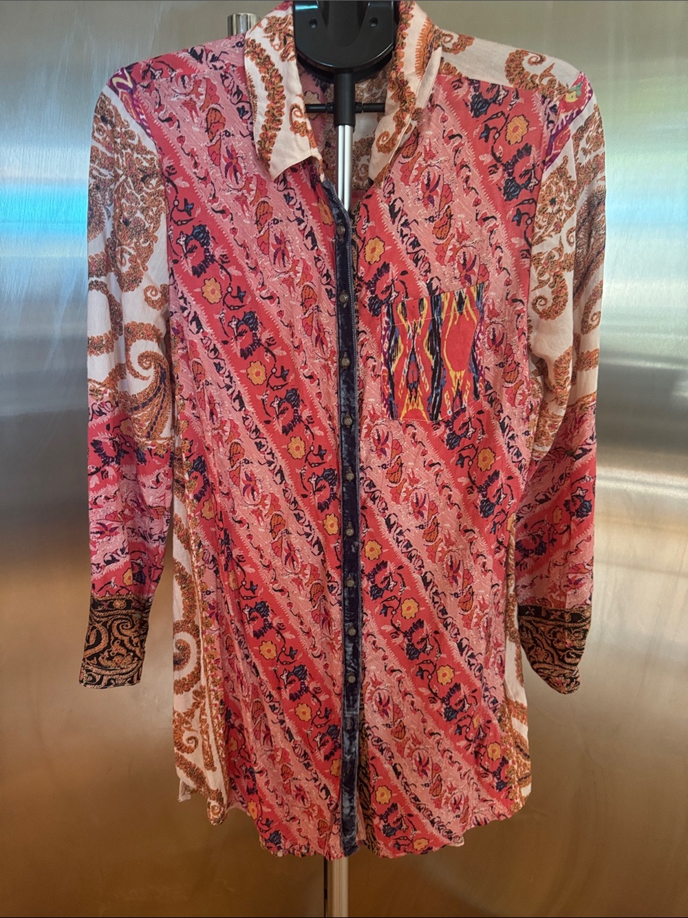 Soft Surroundings Pink Paisley Button-Up Shirt with Mixed Print Pocket